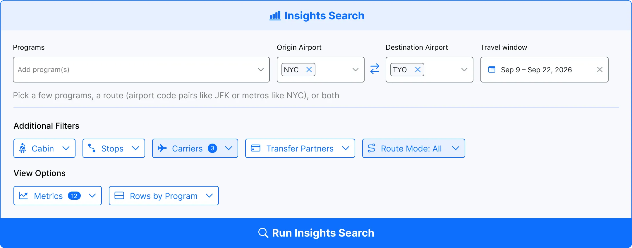 Insights Search panel with program, route, and travel window filters